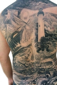 满背黑白灯塔与章鱼和船舶纹身图案