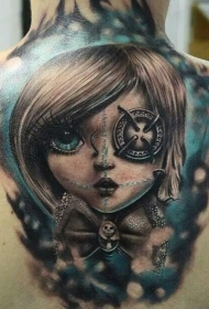 背部新风格彩色的幻想女子与眼睛徽章纹身图案