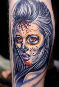 腿部彩色死亡女神肖像纹身图案