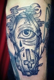 old school棺材与哭泣的眼睛十字架纹身图案