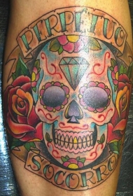 腿部彩色冰糖骷髅纹身图案