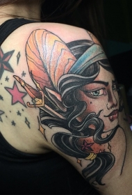 女生肩部复古彩色女郎星星纹身图案