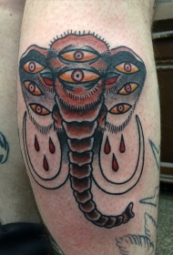 腿部彩色旧学校多眼睛猛犸纹身图片