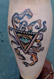 小腿old school彩色眼睛和神秘三角纹身图案