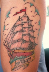 腿部彩色old school旧船纹身图案