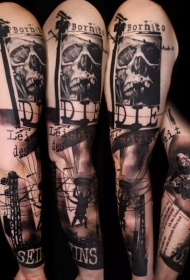 手臂恐怖电影场景字母黑白纹身图案