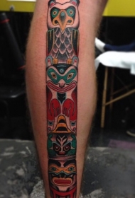 小腿彩色卡通部落动物雕像纹身图案