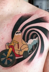 胸部卡通彩绘树獭骑机车纹身图案