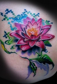 背部彩色逼真的大莲花纹身图案