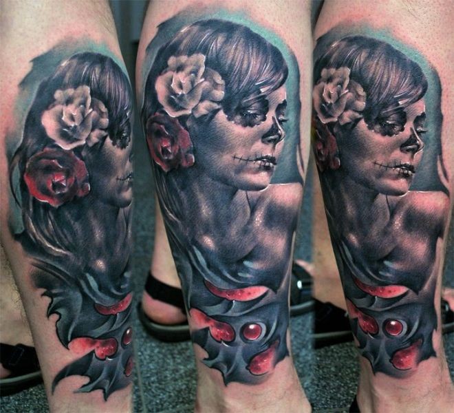 腿部新学校风格的彩色妇女纹身图案