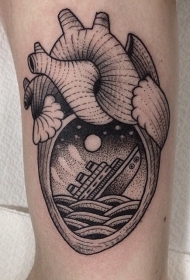 黑色点刺心脏与下沉的船纹身图案