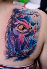 背部彩色有趣的卡通猫与花朵纹身图案