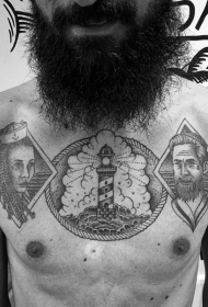 胸部令人印象深刻的黑白油画肖像与灯塔纹身图案