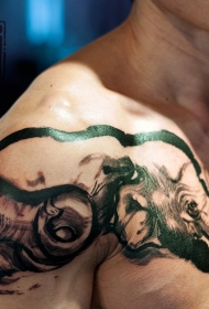 肩部和胸部黑色大象家族纹身图案