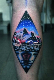 腿部菱形彩色农村雪景纹身图案