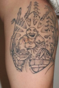 手臂黑色简约笑佛宗教纹身图案
