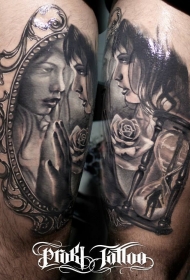 现代风格的黑灰美女与玫瑰纹身图案