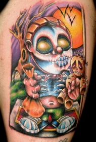 大腿怪物与钱袋子和巫毒娃娃卡通纹身图案