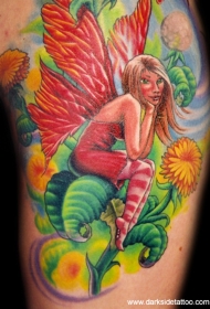 红色小精灵坐在蒲公英上纹身图案