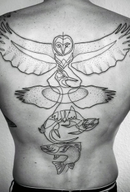 背部黑色点刺各种动物纹身图案