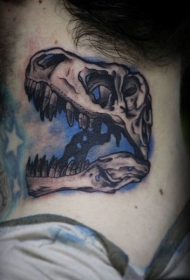 颈部new school彩色小恐龙头骨纹身图案