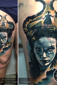 大腿new school彩色邪恶女巫纹身图案