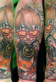 彩色卡通猫和蜥蜴有趣的男孩纹身图案