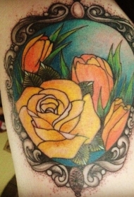 old school五彩花朵和镜框手臂纹身图案