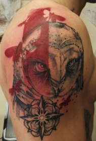肩部大原始设计的彩色猫头鹰纹身