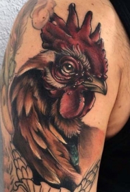 肩部真正的照片彩色公鸡纹身图片