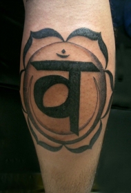 腿部黑色莲花印度教象征纹身图案