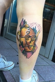 小腿金色的茶壶和花卉纹身图案