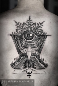 背部黑白点刺神秘眼睛与蝴蝶几何纹身图案