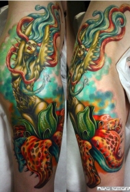 腿部恶魔女郎花朵纹身图案