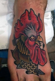 脚背老派风格的彩色公鸡头纹身