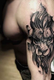 点刺风格黑白狮子头纹身图案