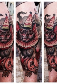 腿部new school彩色小丑猫纹身图案