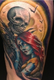 大腿卡通骷髅与女僵尸纹身图案