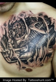 逼真的汽车发动机黑白胸部纹身图案