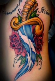 school彩色幻想匕首和玫瑰纹身图案