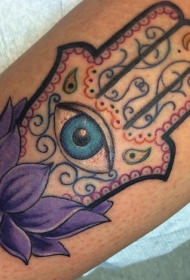 腿部插画风格彩色Hamsa纹身图案