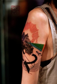 手臂现代风格的彩色数学结合黑色狮子头纹身图案