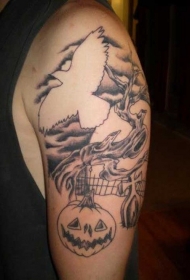 大臂黑白神秘墓地与大鸟纹身图案