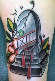 腿部彩色出血墓碑与花朵纹身图案