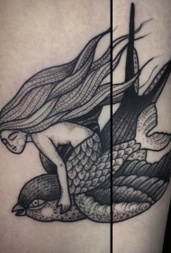 old school黑色点刺美人鱼与飞鸟纹身图案