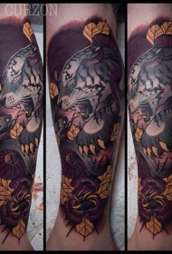 腿部新学校风格彩色白虎与树叶纹身