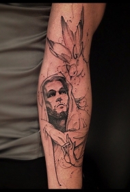 素描风格黑色耶稣鸟纹身图案