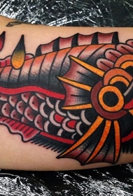 old school大臂内侧化身恶魔的鱼纹身图案