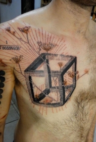 胸部立体正方形和彩色野花纹身图案