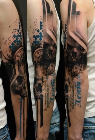 现代风格的彩色时钟和骷髅套餐纹身